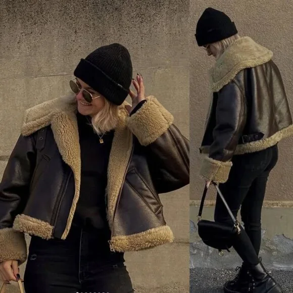 Zara Double Faced Jacket ZW Collection Sherpa Faux Fur Dark Brown Biker Size S - Picture 16 of 16